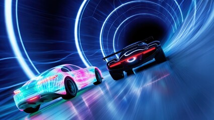 Two Cars Racing on a Futuristic Spiral Circuit with Holographic Technology and Dynamic Light Trails