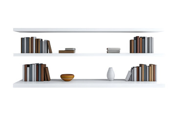 Elegant white floating shelves display a curated collection of books a decorative bowl and a on transparent background