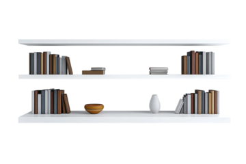 Elegant white floating shelves display a curated collection of books a decorative bowl and a on transparent background