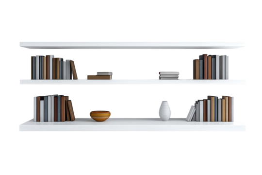 Elegant white floating shelves display a curated collection of books a decorative bowl and a on transparent background