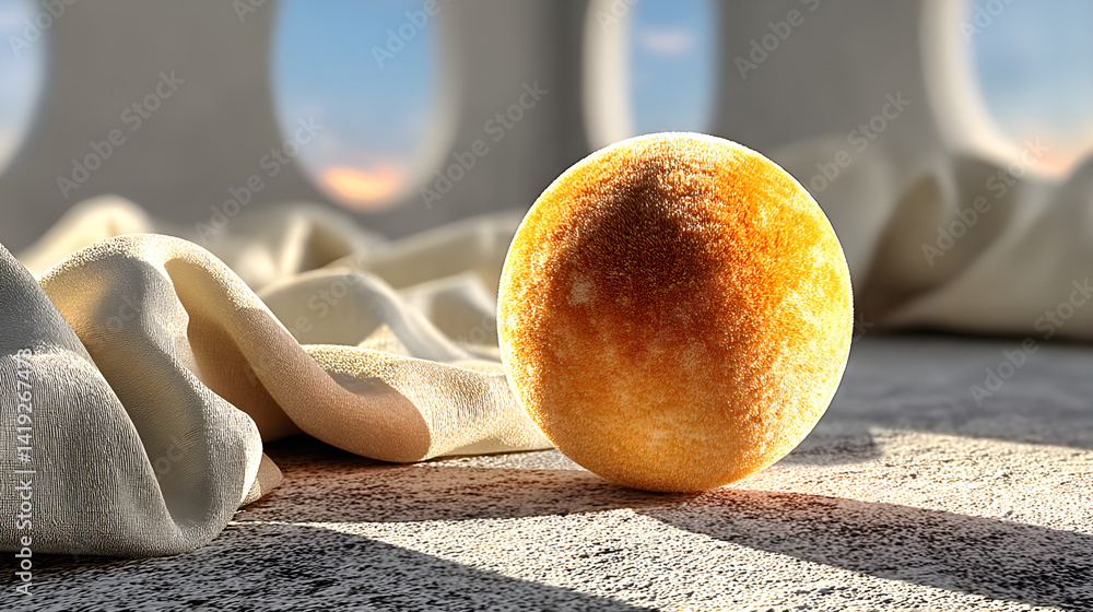 Poster Round velvet-like object with warm light and shadows. 3D rendered