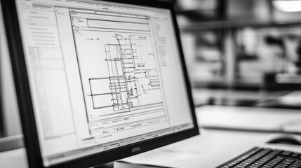 Architectural Blueprint Displayed on Modern Computer Screen, Detailed Technical Drawing for Construction Project