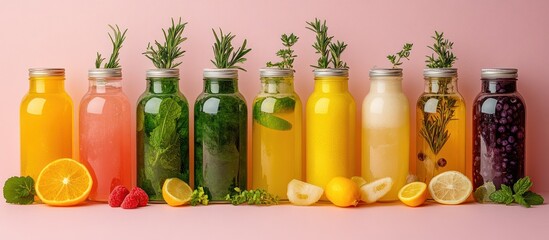 Fototapeta premium Colorful Healthy Smoothies in Glass Bottles on Pink Background