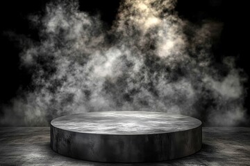 Circular concrete podium shrouded in smoky haze.