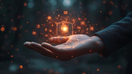 A levitating AI chip pulsing above a steady palm, business icons floating in a glowing ring, with reflections lighting up a sleek black professional suit,