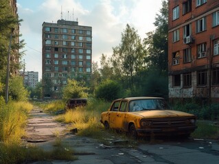 Obraz premium Deserted urban street embraces eerie stillness as nature reclaims the forgotten landscape.