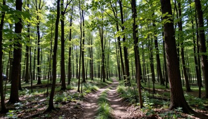 Obraz premium Exploring a lush green forest trail nature walk serene environment vertical viewpoint tranquility and adventure