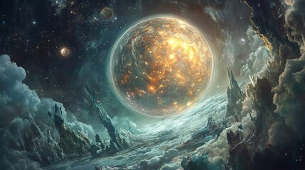 Fototapeta premium Planets in space with twinkling stars and glow