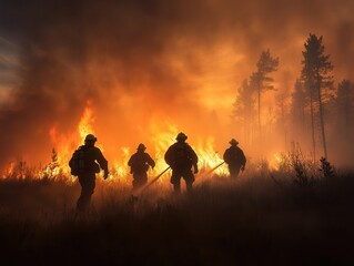 Fototapeta premium Firefighters unite in an intense battle against raging flames as smoke fills the air at dusk in a nearby forest.