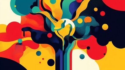 Vibrant abstract composition with contrasting shapes and diverse color spectrum