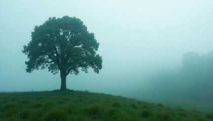 Fototapeta premium Single tree in a misty forest with fog swirling around it, solitude, fog, nature