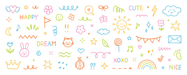 Cute kids elements, preschool kindergarten doodle icons set. Daycare, children drawings, flower, rainbow, cloud, sun, heart in sketch style. Hand drawn vector illustration isolated on white background