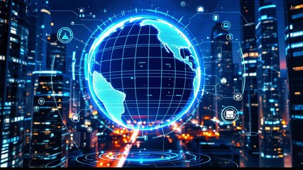 Futuristic city skyline at night with a glowing digital globe and technology interface overlay - Powered by Adobe