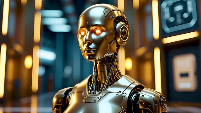 Futuristic humanoid robot with glowing red eyes in high-tech corridor setting