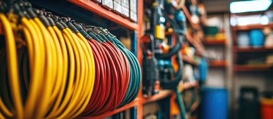 Colorful hoses on shelves in a workshop. Background shows various tools and equipment. Stock photo