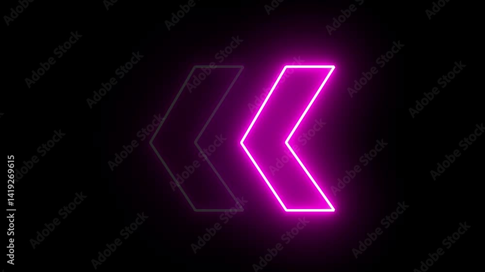 Poster glowing neon purple arrow left direction icon. abstract neon flashing light back arrow loading anima