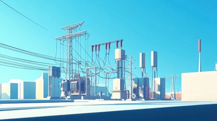 Obraz premium Modern electrical substation with transformers and switchgear, captured under a clear blue sky