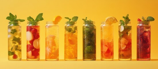 Colorful Iced Fruit Infused Drinks on a Yellow Background