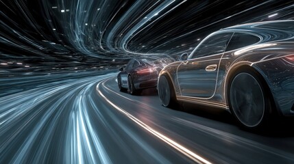 Fototapeta premium Two Cars Racing on a Futuristic Spiral Circuit with Holographic Technology and Dynamic Light Trails