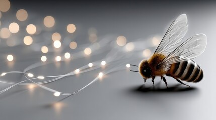 Close-Up of a Bee on a Smooth Surface with Twinkling Fairy Lights in the Background
