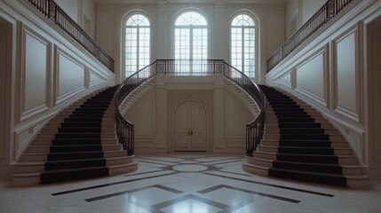 Obraz premium Grand foyer features symmetrical curved staircases and arched windows