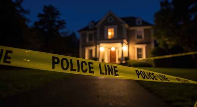Yellow police line tape in front of house at night. Suitable for crime scene, investigation, suspense, and mysterythemed projects.