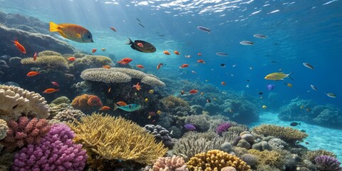 Vibrant Coral Reef Ecosystem Underwater Scene with Diverse Fish, Wide Angle Composition, Ocean Life, Coral Reef, Fish