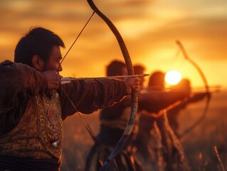 Scythian warriors skillfully draw their bows against a breathtaking sunset in a vibrant historical reenactment.