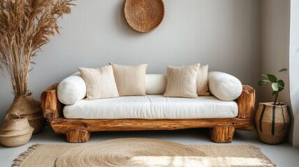 A rustic wooden sofa is decorated with neutral pillows