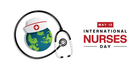 May 12th Is International Nurses Day. Stethoscope, earth and nurses hat. Great for posters, banners, social media and more. White background.