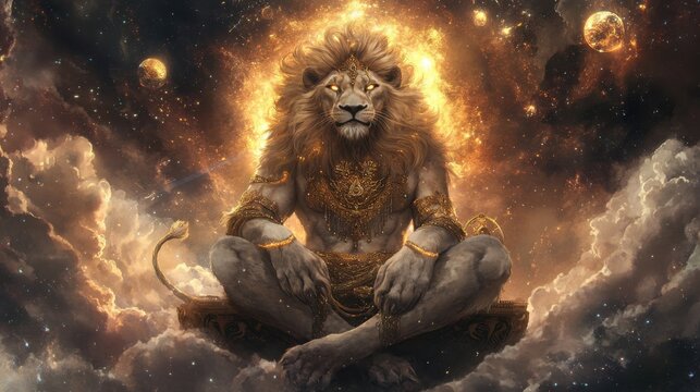 Majestic Lion God Enthroned Amidst Celestial Cosmos: A Digital Painting of Divine Majesty in Golden Hues
