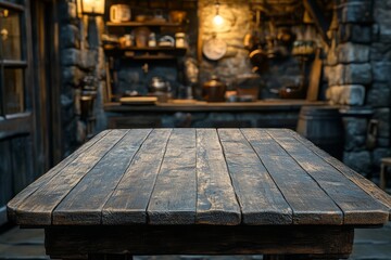 Wooden table with blurred rustic kitchen in background