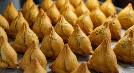 Golden Brown Samosas Arranged on Baking Sheet