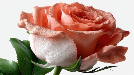 Close-Up of a Beautiful Peach Rose with Textured Petals and Green Leaves