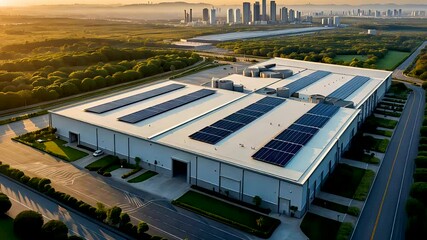 Aerial view of industrial warehouse complex with solar panels and green area - Powered by Adobe