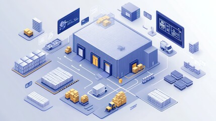 Isometric illustration depicting a modern logistics and distribution warehouse