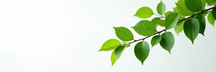A single isolated tree branch with leaves and foliage on a grayish-white background, leaves, isolated