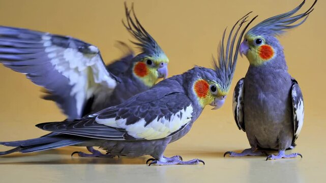 Three cockatiel birds with raised crests on pastel background, playful mood, wildlife concept