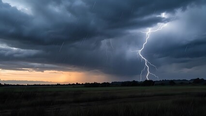 A hyper realistic photo of a powerful thunderstorm, bad weather