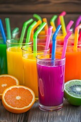 Fototapeta premium Rainbow Fruit Juice Glasses Colorful Drinks