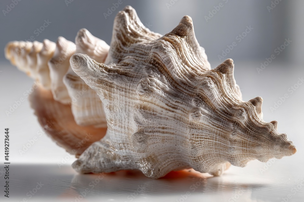 Poster seashell close-up featuring detailed pattern and texture on a white surface