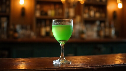 a delicate glass of absinthe with an emerald green hue, resting on a worn leather bar top, softly illuminated by a hanging chandelier

