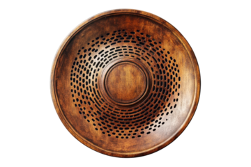 Intricate Wooden Plate with Circular Cutout Pattern on Black Background Rich Brown Tones and on transparent background
