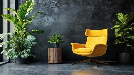 Obraz premium Bright yellow chair surrounded by plants graces a dark room