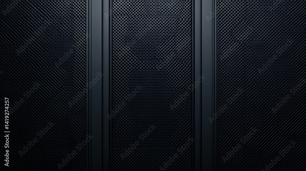 Poster high-tech server rack with intricate black mesh and ventilation patterns illuminated in a modern dat