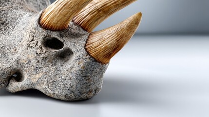 Detailed Study of Fossilized Skull with Horns on Soft Gray Background in Natural Light