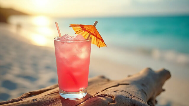 a bright pink cocktail with a tropical umbrella, set on a beachside table made of driftwood, soft ocean breeze in the background, sun shimmering on the water


