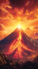 A vibrant volcano erupts against a dramatic sunset sky, showcasing nature's power.