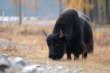 Fototapeta premium Yak Grazing in a Field Autumn Landscape with Golden Trees