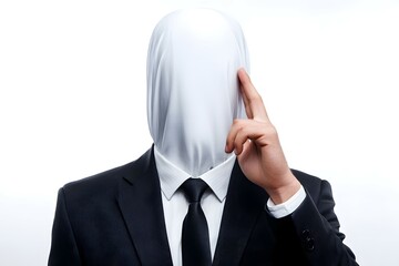 Masked business professional in contemplation.